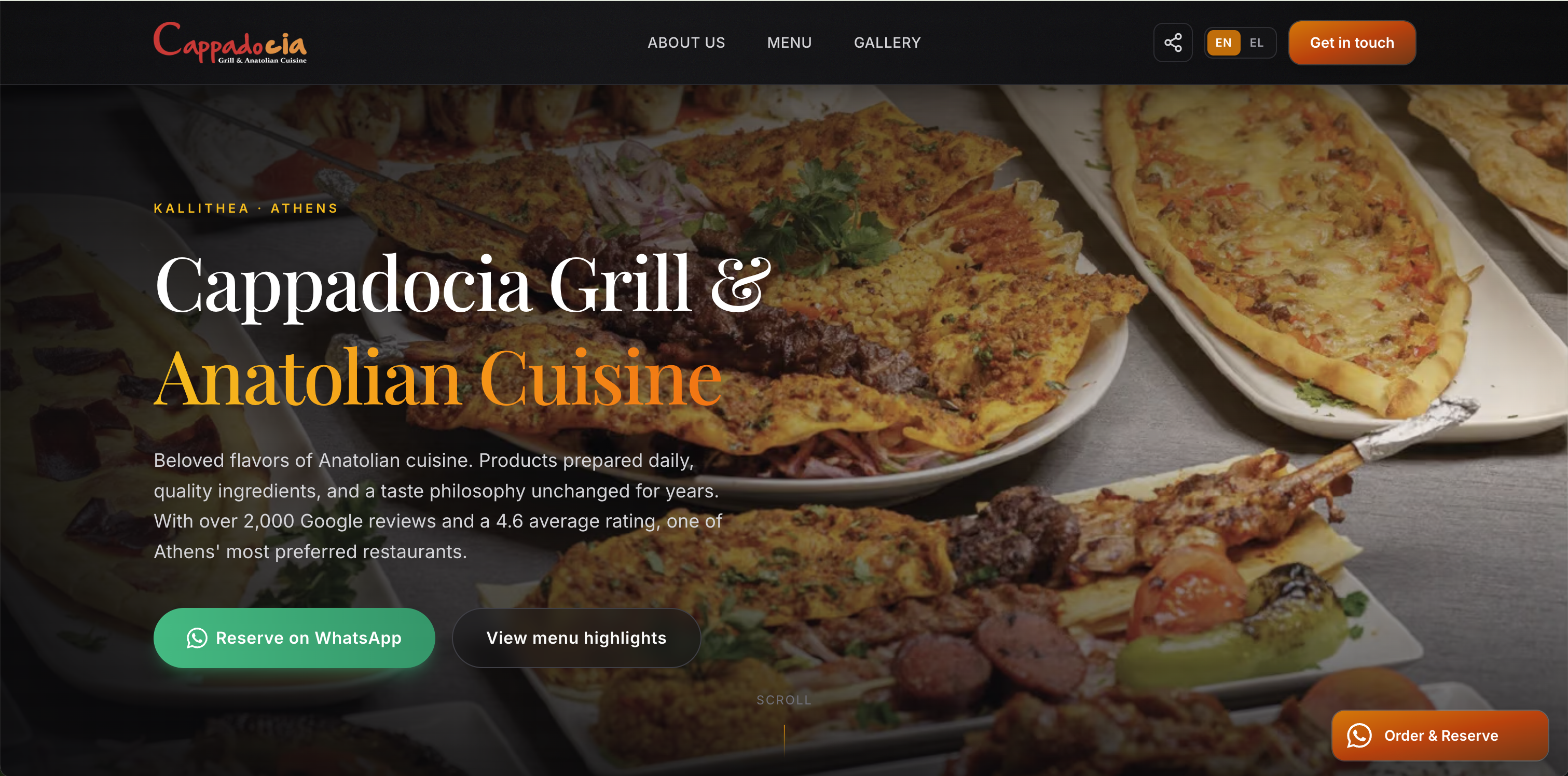Cappadocia Grill — Atina'da faaliyet gösteren grill restoranı için dijital menü, WhatsApp rezervasyonu, online sipariş ve çift dilli SEO odaklı premium restoran sitesi.