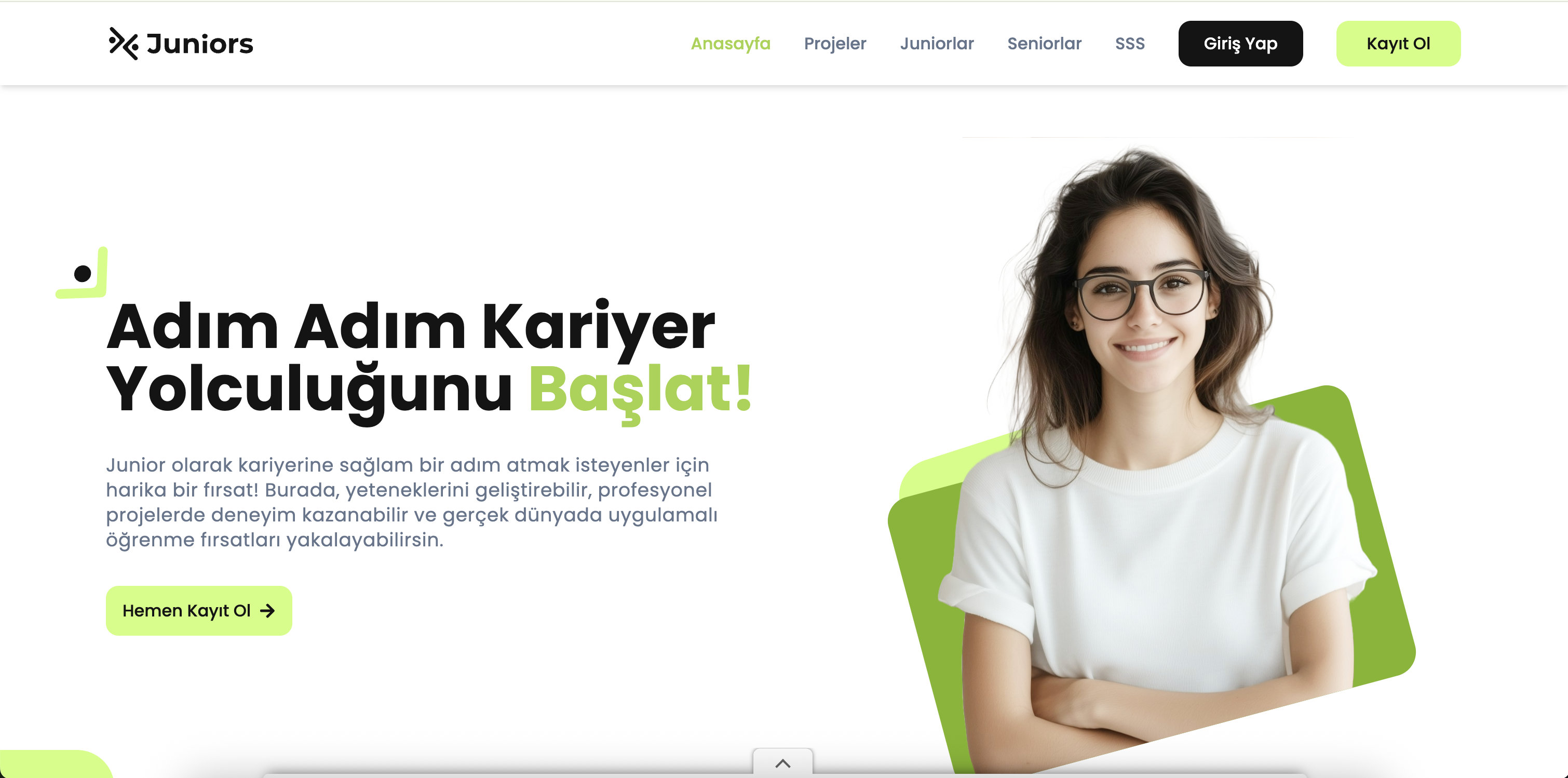 Juniors Center — Yeni mezun yazılımcıları gerçek projeler ve takımlarla buluşturarak sektörel deneyim kazandıran topluluk ve iş birliği platformunun tek başıma üstlendiğim frontend mimarisi.