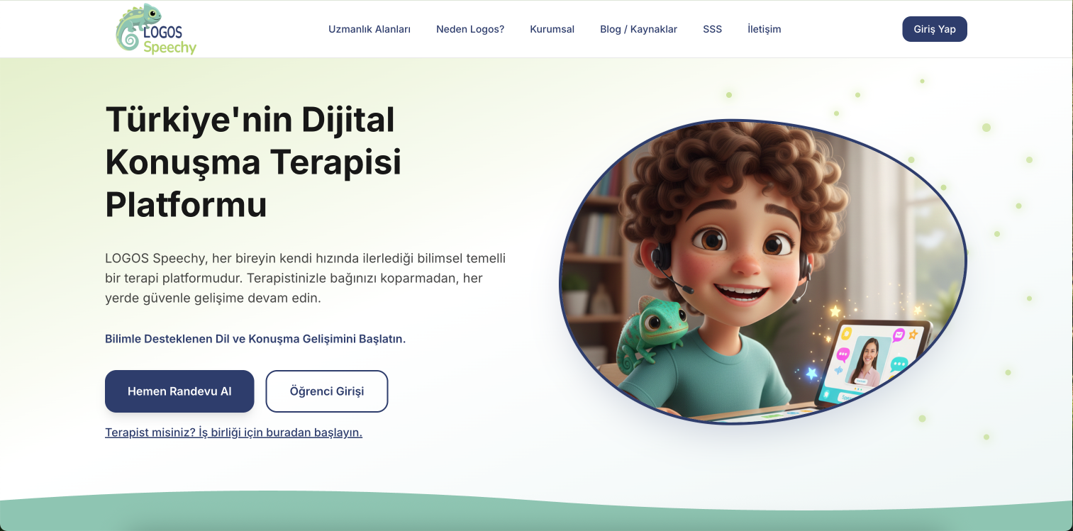 LOGOS Speechy — Konuşma geriliği, artikülasyon ve kekemelik için çok kiracılı (multi-tenant) dijital dil ve konuşma terapisi SaaS platformu — terapist paneli, öğrenci ödevleri, interaktif müfredat ve beyaz etiket klinik vitrini.