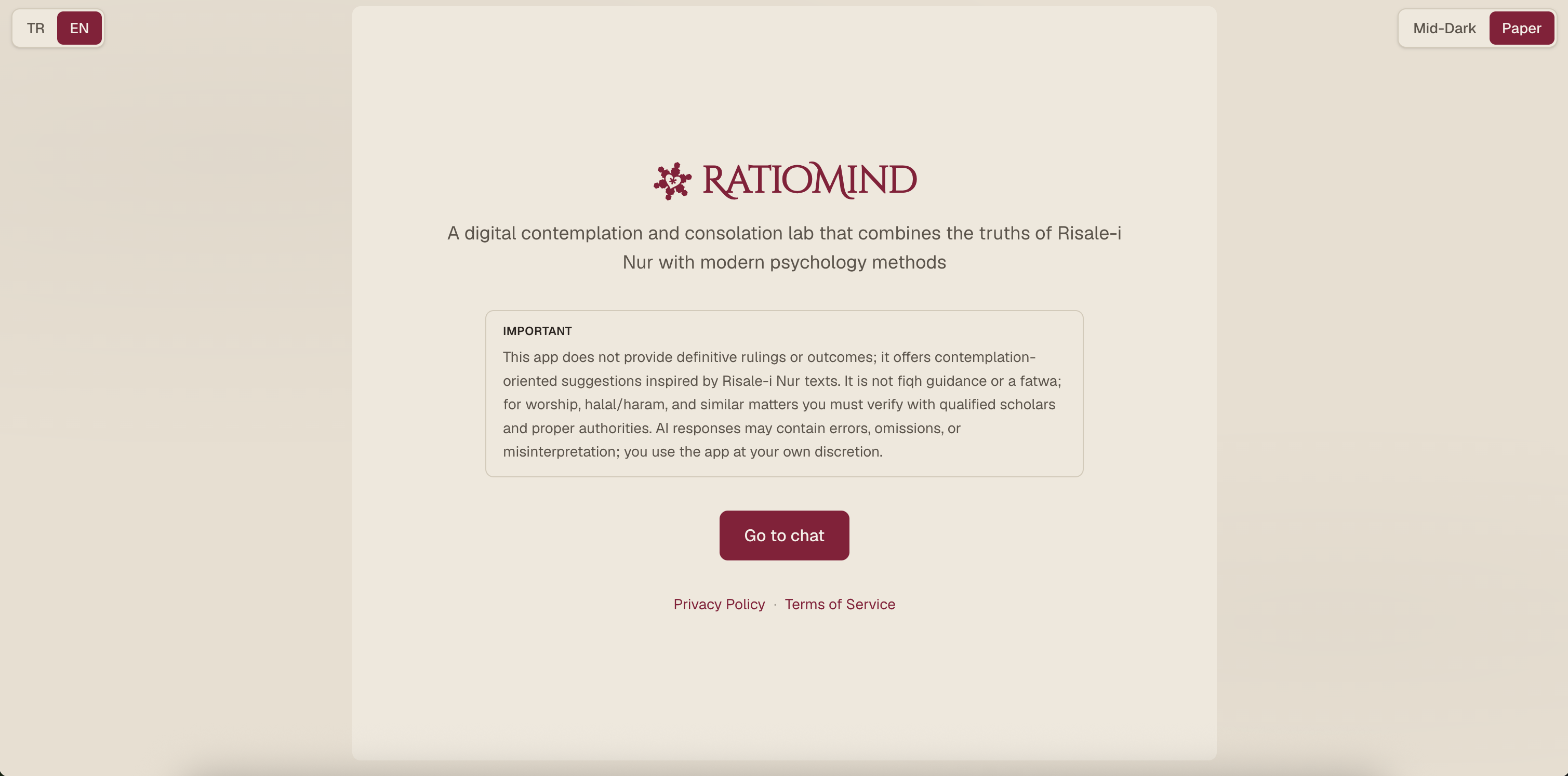 RatioMind — Risale-i Nur hakikatlerini modern psikoloji yöntemleriyle birleştiren, AI destekli dijital tefekkür ve teselli platformu — doğrulanmış kaynak alıntıları, şifreli sohbet, çift dilli arayüz ve abonelik modeli.