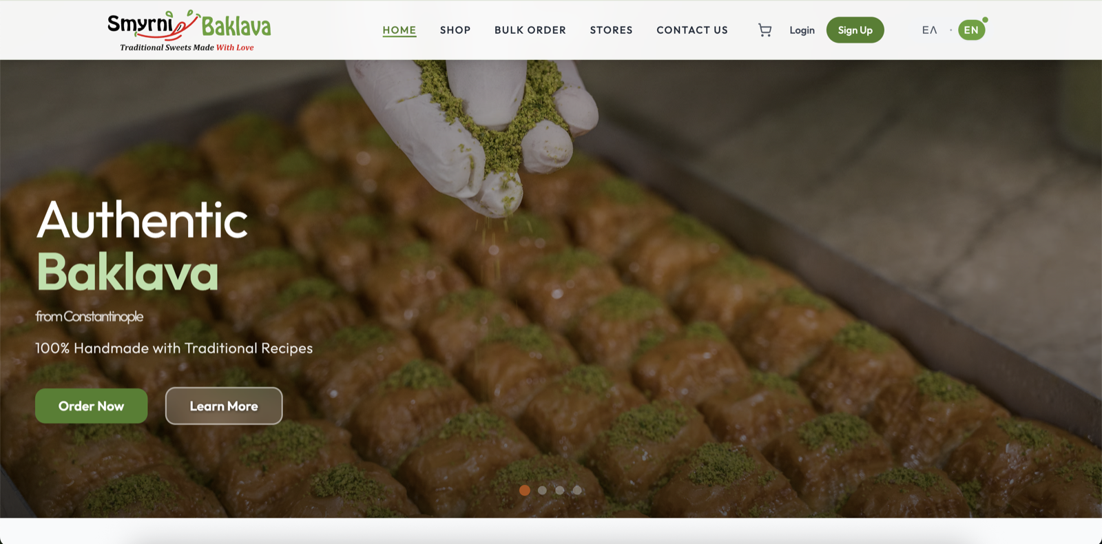 Smyrni Baklava — Smyrni Baklava için geliştirilen, Atina'daki 4 şubeyi dijital katalog, online sipariş, toptan teklif ve çift dilli (Yunanca/İngilizce) vitrinle bir araya getiren modern e-ticaret sitesi.